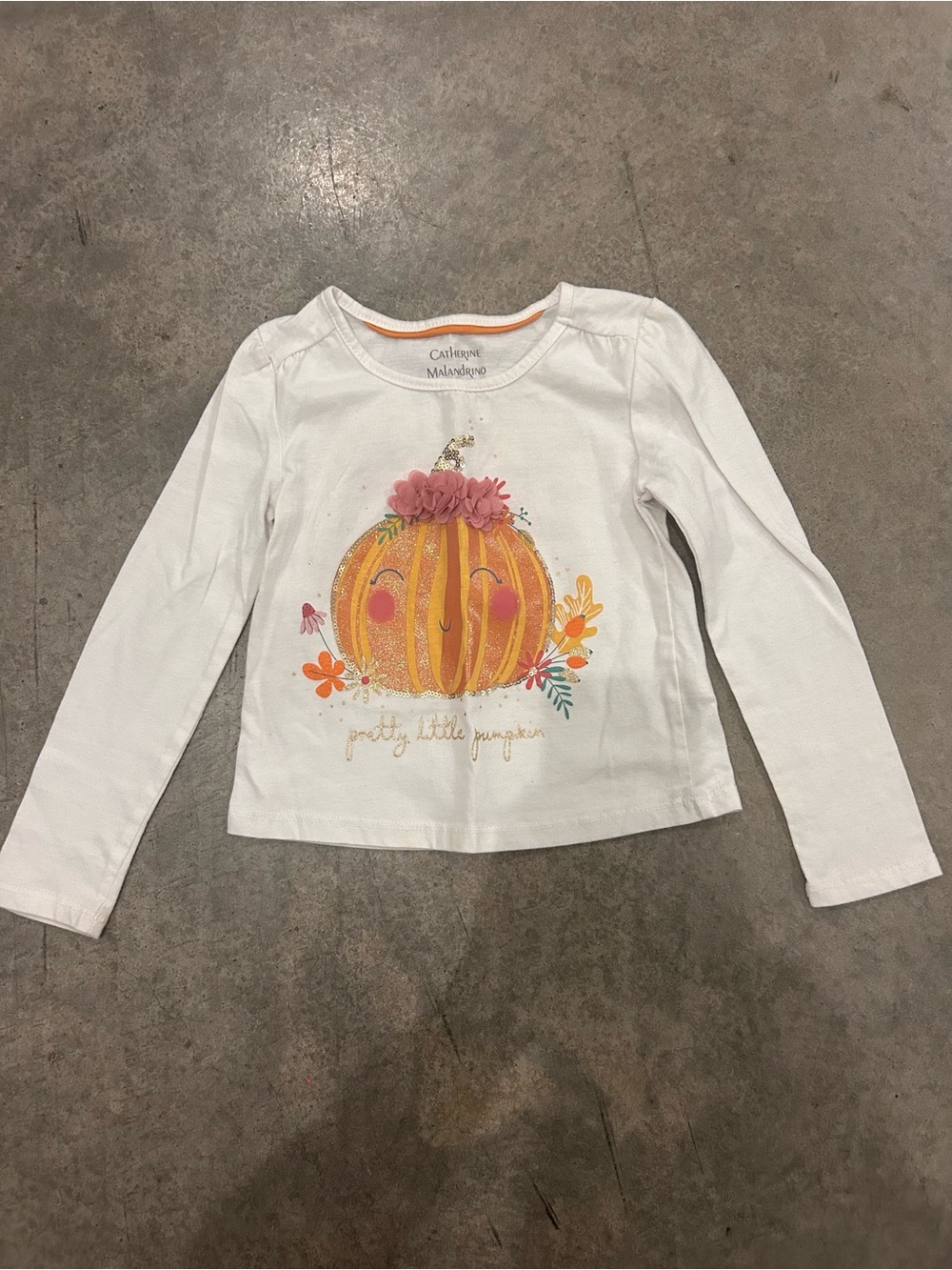 Catherine Malandrino White Long-Sleeve Tee with Orange Pumpkin Graphic